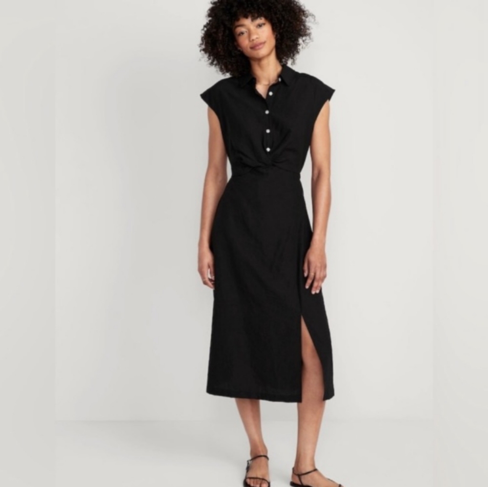 Old Navy Black Waist-Defined Twist-Front Midi Shirt Dress - L. Also Have Blue